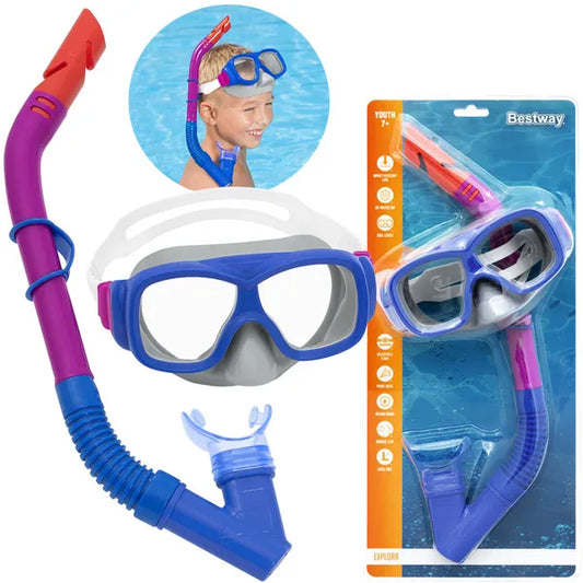 Gyermek búvár maszk és snorkel szett 7+ éveseknek, kék-rózsaszín, UV-szűrő