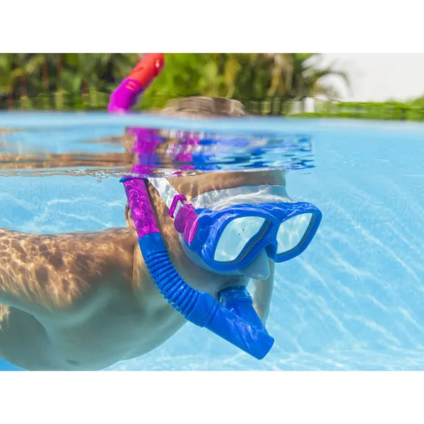 Gyermek búvár maszk és snorkel szett 7+ éveseknek, kék-rózsaszín, UV-szűrő