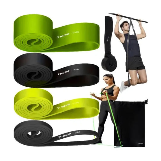 Fitnesz gumiszalag készlet, 4 db, 2–40 kg ellenállás, ajtóhorgos