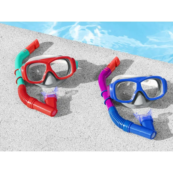 Gyermek búvár maszk és snorkel szett 7+ éveseknek, kék-rózsaszín, UV-szűrő