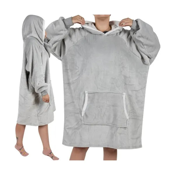 Szürke oversize XXL kapucnis flanel takaró-pulóver kenguru zsebbel