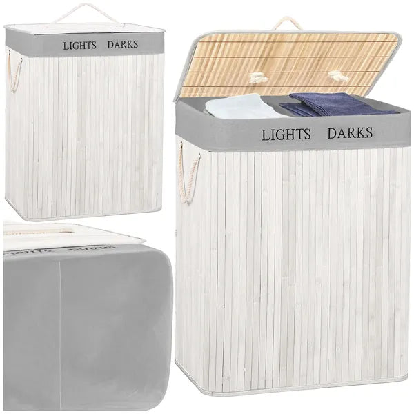 Bambusz szennyeskosár, 105 l, kétrekeszes, 63×52×33 cm, fehér/szürke