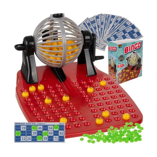 Bingo családi társasjáték sorsológéppel – komplett készlet 2+ fő részére