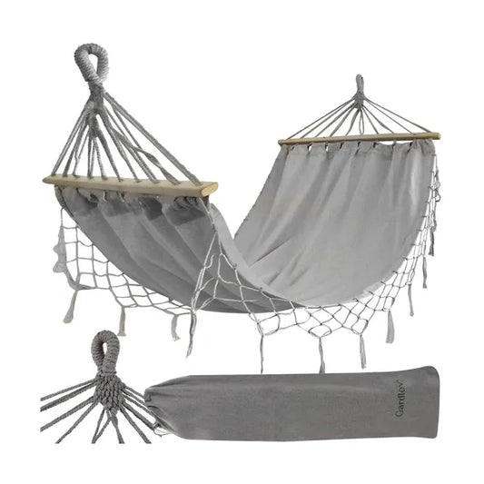 XXL dupla kerti függőágy 200×150 cm, 250 kg, szürke, fa terpeszrúd