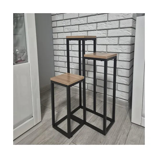 67 cm-es, 3 szintes fém-MDF virágtartó állvány, loft stílus