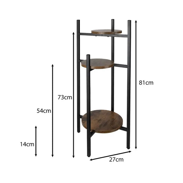 3 szintes, 80 cm magas fekete-barna fém-MDF virágtartó állvány, 15 kg/polc