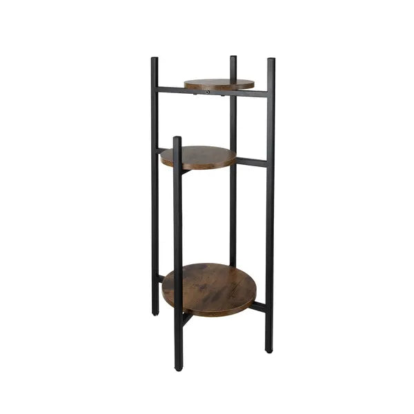 3 szintes, 80 cm magas fekete-barna fém-MDF virágtartó állvány, 15 kg/polc