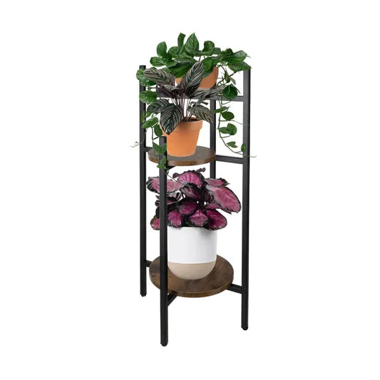 3 szintes, 80 cm magas fekete-barna fém-MDF virágtartó állvány, 15 kg/polc