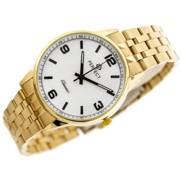 Férfi kvarc karóra arany fém szíjjal, ezüst számlap, 40 mm, díszdobozzal