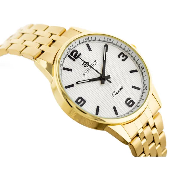 Férfi kvarc karóra arany fém szíjjal, ezüst számlap, 40 mm, díszdobozzal