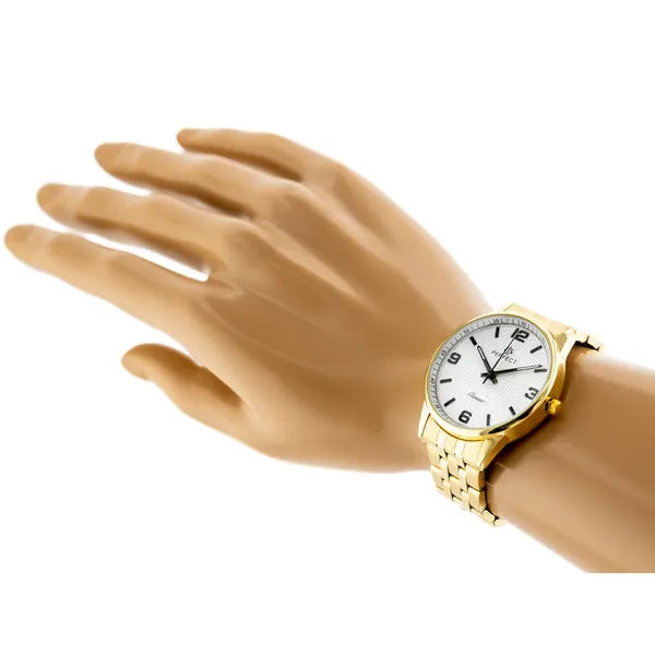 Férfi kvarc karóra arany fém szíjjal, ezüst számlap, 40 mm, díszdobozzal