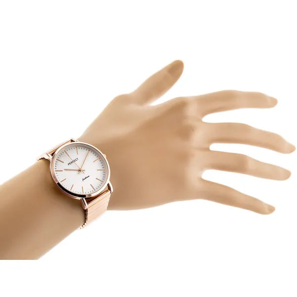 Perfect S345 női karóra rosegold fém szíjjal, ezüst számlappal, ajándékdobozzal