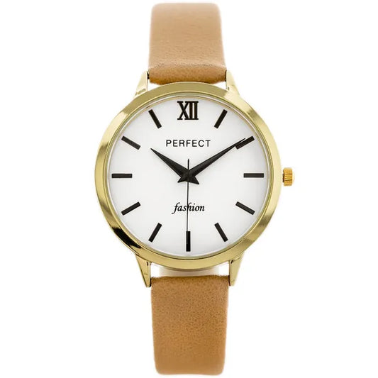 Női karóra, kvartz, arany tok, barna bőrszíj, ezüst számlap, 34 mm