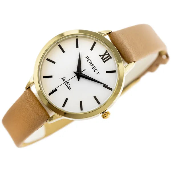Női karóra, kvartz, arany tok, barna bőrszíj, ezüst számlap, 34 mm