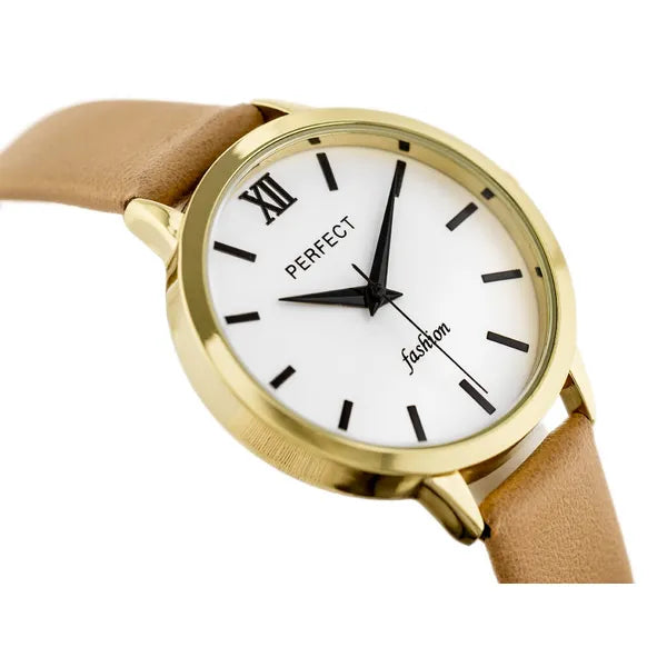 Női karóra, kvartz, arany tok, barna bőrszíj, ezüst számlap, 34 mm