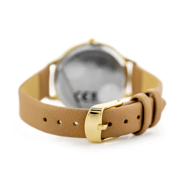 Női karóra, kvartz, arany tok, barna bőrszíj, ezüst számlap, 34 mm
