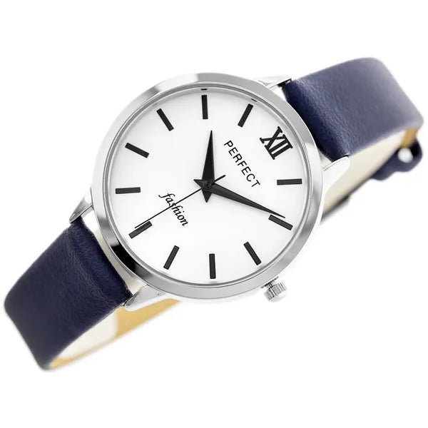 Perfect L202 női karóra, kvarc, ezüst számlap, kék bőrszíj, 34 mm