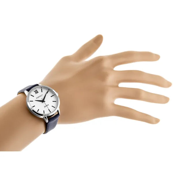 Perfect L202 női karóra, kvarc, ezüst számlap, kék bőrszíj, 34 mm