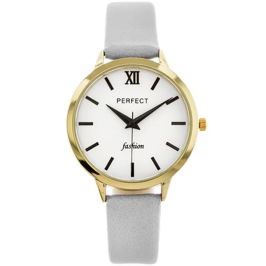 Perfect női karóra, arany tok 34 mm, szürke bőrszíj, kvarc
