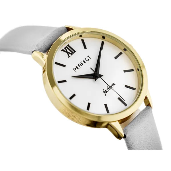 Perfect női karóra, arany tok 34 mm, szürke bőrszíj, kvarc