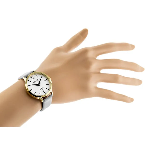 Perfect női karóra, arany tok 34 mm, szürke bőrszíj, kvarc