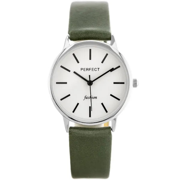 Női kvarc karóra zöld bőrszíjjal, ezüst számlappal, WR30, 32 mm