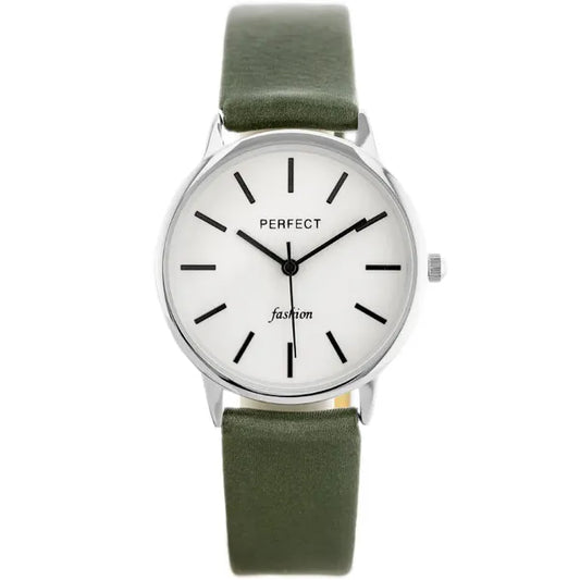 Női kvarc karóra zöld bőrszíjjal, ezüst számlappal, WR30, 32 mm