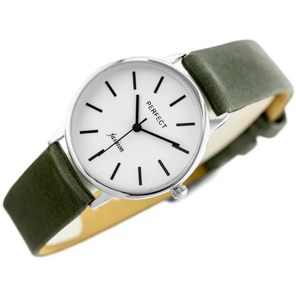 Női kvarc karóra zöld bőrszíjjal, ezüst számlappal, WR30, 32 mm