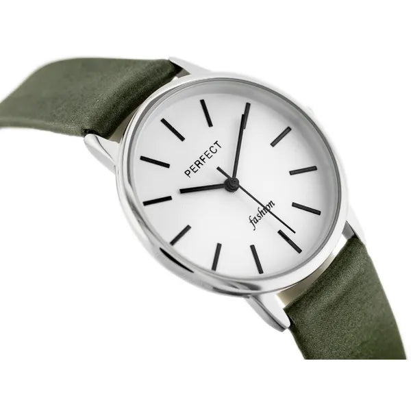 Női kvarc karóra zöld bőrszíjjal, ezüst számlappal, WR30, 32 mm