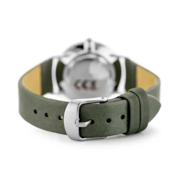Női kvarc karóra zöld bőrszíjjal, ezüst számlappal, WR30, 32 mm