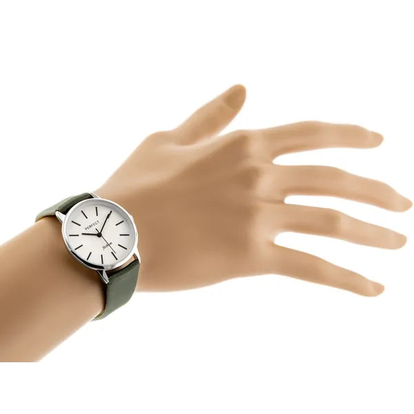 Női kvarc karóra zöld bőrszíjjal, ezüst számlappal, WR30, 32 mm