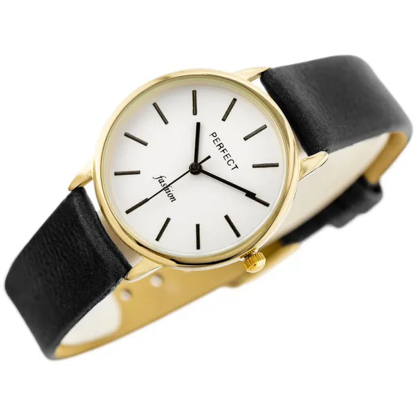 Női quartz karóra fekete bőrszíjjal, aranytokkal, WR30, ajándéktok