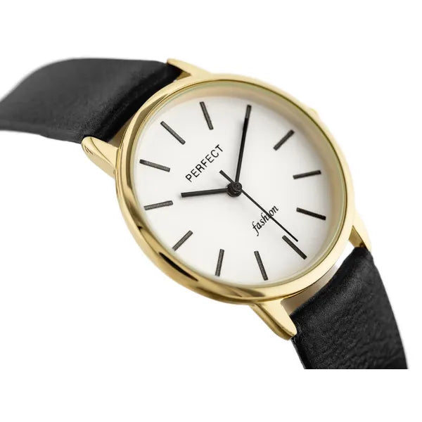 Női quartz karóra fekete bőrszíjjal, aranytokkal, WR30, ajándéktok