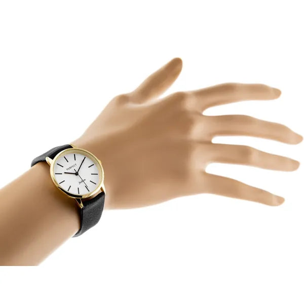 Női quartz karóra fekete bőrszíjjal, aranytokkal, WR30, ajándéktok