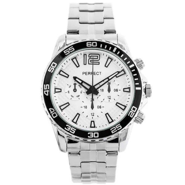 Perfect férfi quartz karóra ezüst fémszíjjal, fehér számlap, 42 mm