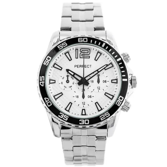 Perfect férfi quartz karóra ezüst fémszíjjal, fehér számlap, 42 mm
