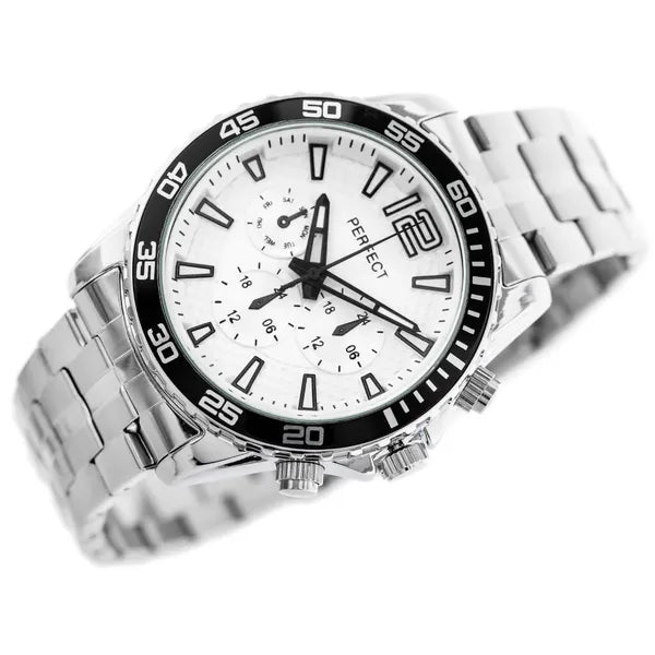 Perfect férfi quartz karóra ezüst fémszíjjal, fehér számlap, 42 mm