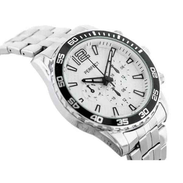 Perfect férfi quartz karóra ezüst fémszíjjal, fehér számlap, 42 mm