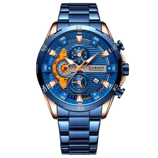 Curren 8402 férfi karóra, kronográf, kék/rosegold, WR30, díszdoboz