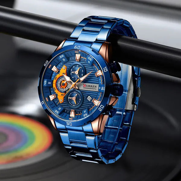 Curren 8402 férfi karóra, kronográf, kék/rosegold, WR30, díszdoboz