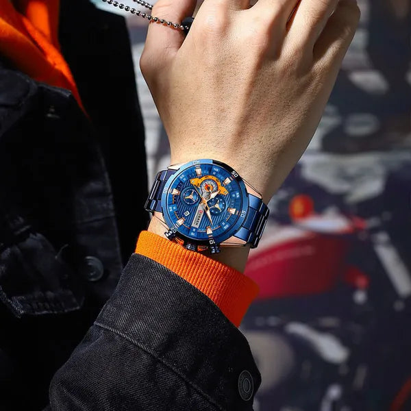 Curren 8402 férfi karóra, kronográf, kék/rosegold, WR30, díszdoboz