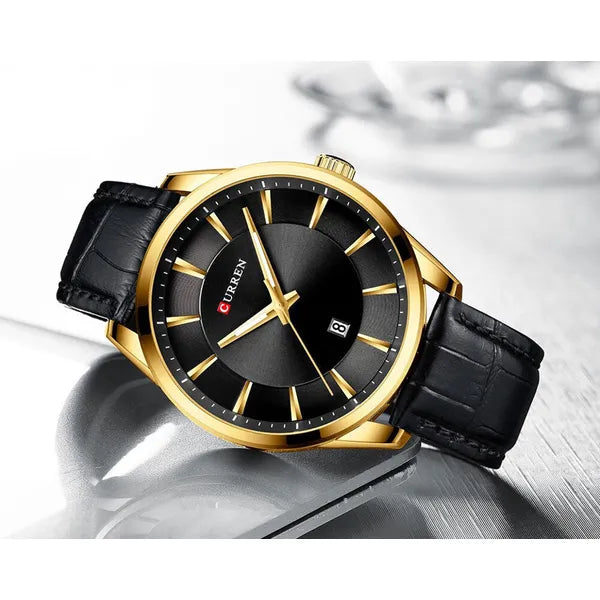 Curren férfi karóra 8365, fekete-arany, bőr szíj, 44 mm, dátum