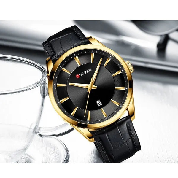 Curren férfi karóra 8365, fekete-arany, bőr szíj, 44 mm, dátum