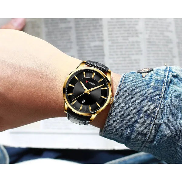 Curren férfi karóra 8365, fekete-arany, bőr szíj, 44 mm, dátum