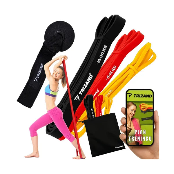 Fitness ellenállási szalag szett 3 db, 2–30 kg, ajtóhorgonnyal, edzéstervvel