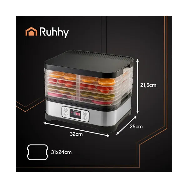 Ruhhy 400 W 5 tálcás 10 l gyümölcs- gomba- és zöldségaszaló rozsdamentes