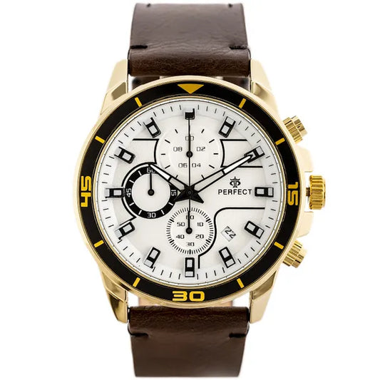 Férfi chronograph karóra, Miyota quartz, barna bőrszíj, arany 46 mm WR30