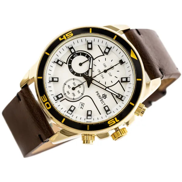 Férfi chronograph karóra, Miyota quartz, barna bőrszíj, arany 46 mm WR30