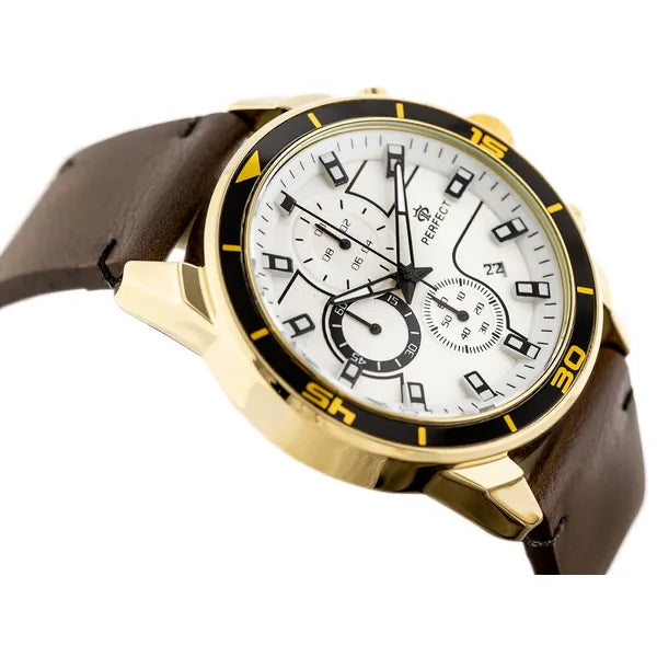 Férfi chronograph karóra, Miyota quartz, barna bőrszíj, arany 46 mm WR30
