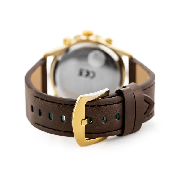 Férfi chronograph karóra, Miyota quartz, barna bőrszíj, arany 46 mm WR30